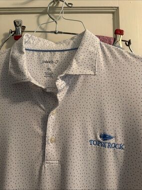 johnnie-O White Polo with Blue Microprint and Blue Top of the Rock Logo